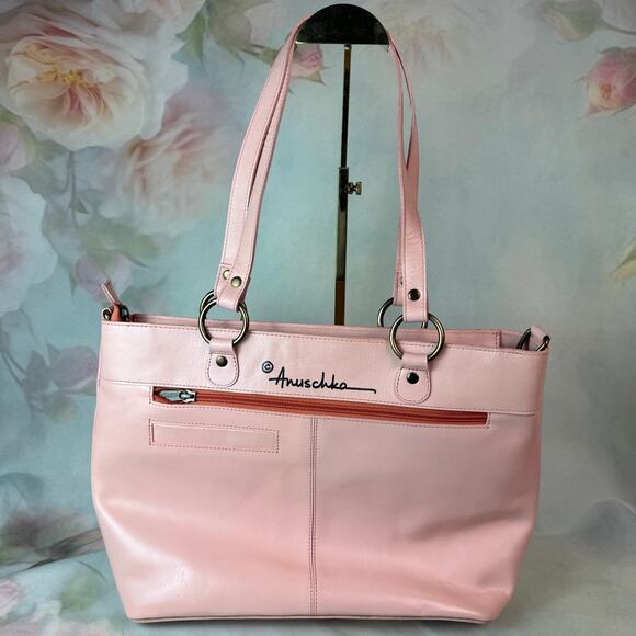 Anuschka Pink Painted & Embroidered Leather Zip Top Tote Crossbody Purse - Picture 3 of 10
